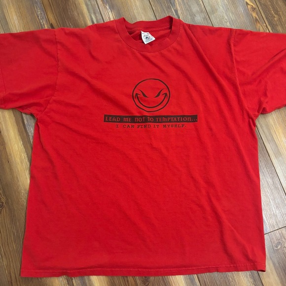 Delta Pro Weight Other - Vintage Funny Red Graphic Tee Lead Me Not To Temptation Smiley Face Mens XL